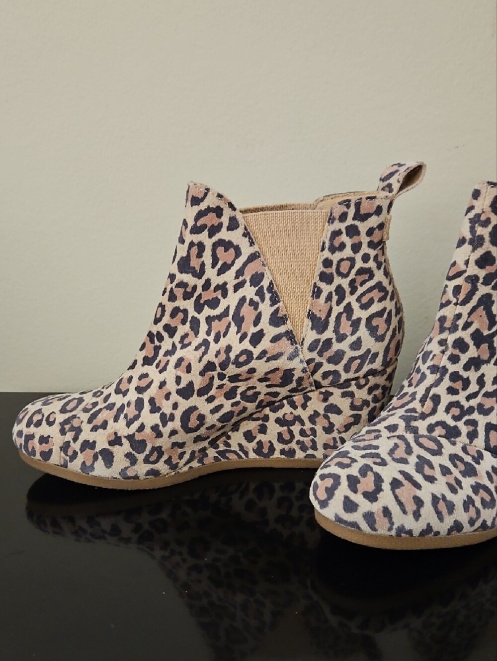 TOMS Kelsey Leopard-Print Wedge Ankle Boots in Beige and Black
